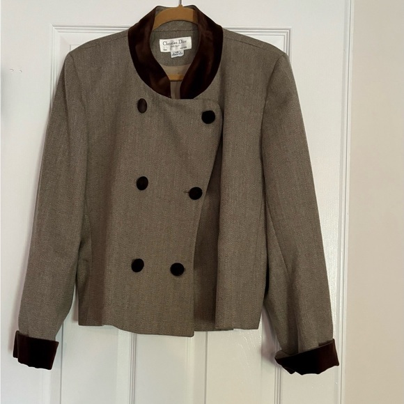 Vintage Christian Dior Double Breasted Brown Blazer Velvet Collar/Cuffs Sz 14 - Picture 1 of 7
